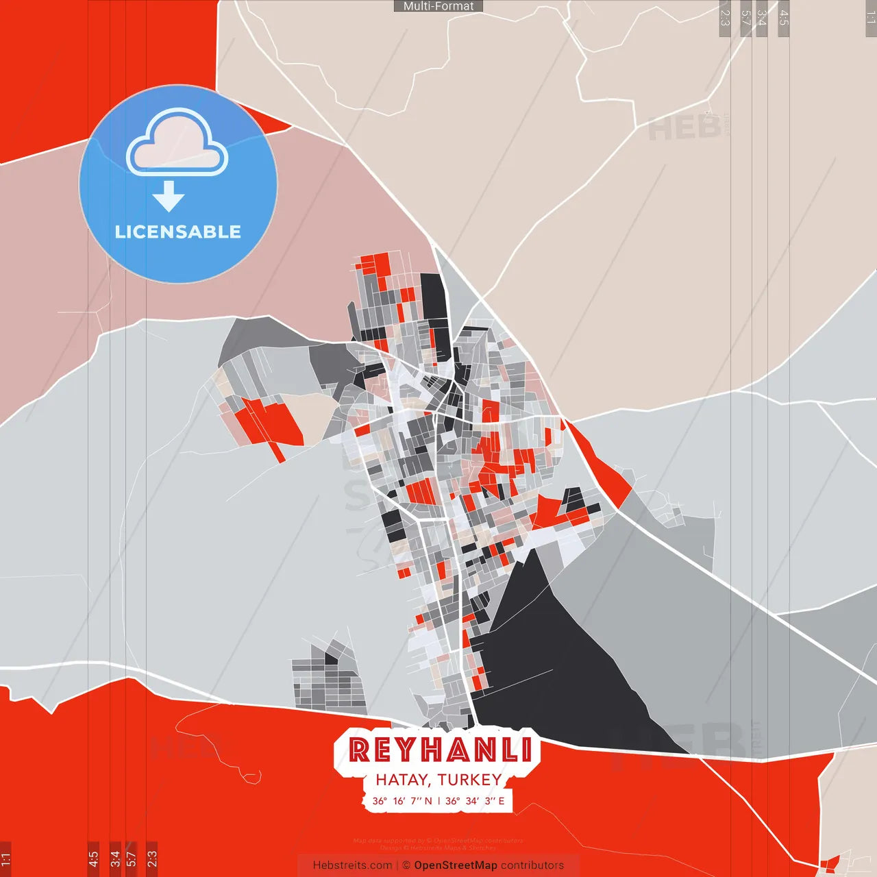 Reyhanlı, Hatay, Turkey - modern street map poster template with gray and red tones