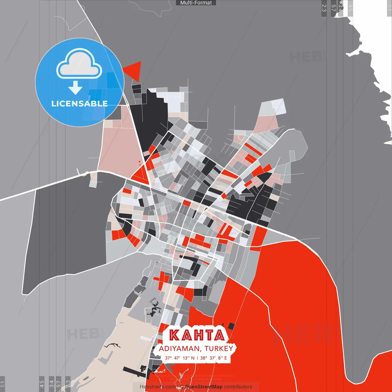 Kahta, Adıyaman, Turkey - modern street map poster template with gray and red tones