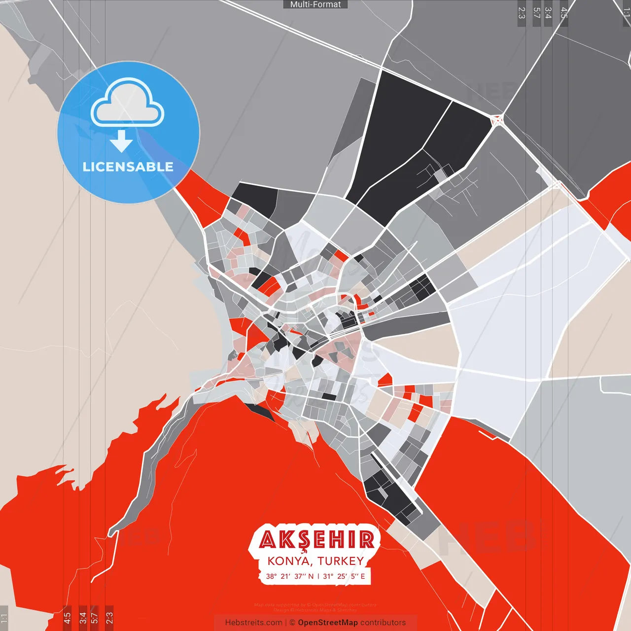 Akşehir, Konya, Turkey - modern street map poster template with gray and red tones