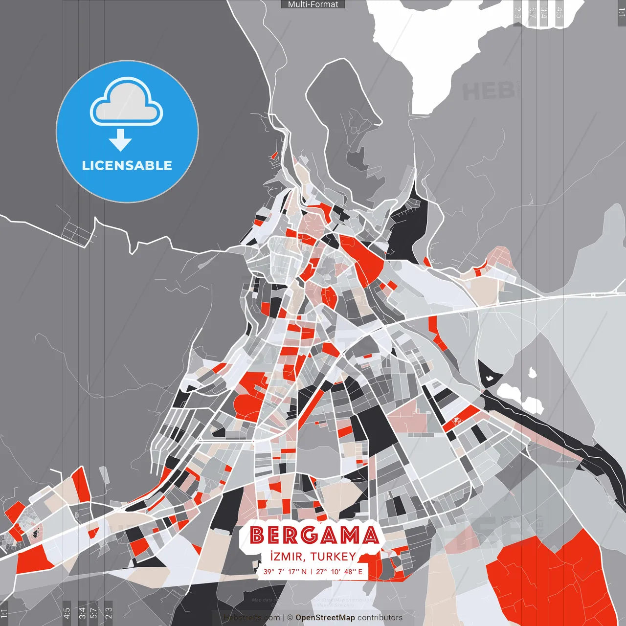 Bergama, İzmir, Turkey - modern street map poster template with gray and red tones
