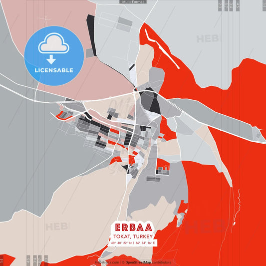 Erbaa, Tokat, Turkey - modern street map poster template with gray and red tones