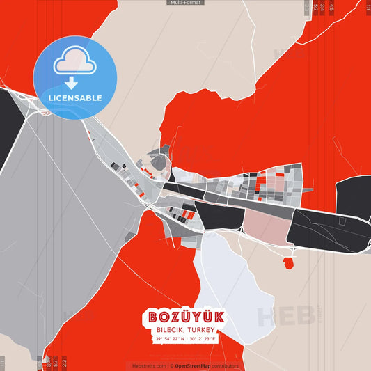 Bozüyük, Bilecik, Turkey - modern street map poster template with gray and red tones