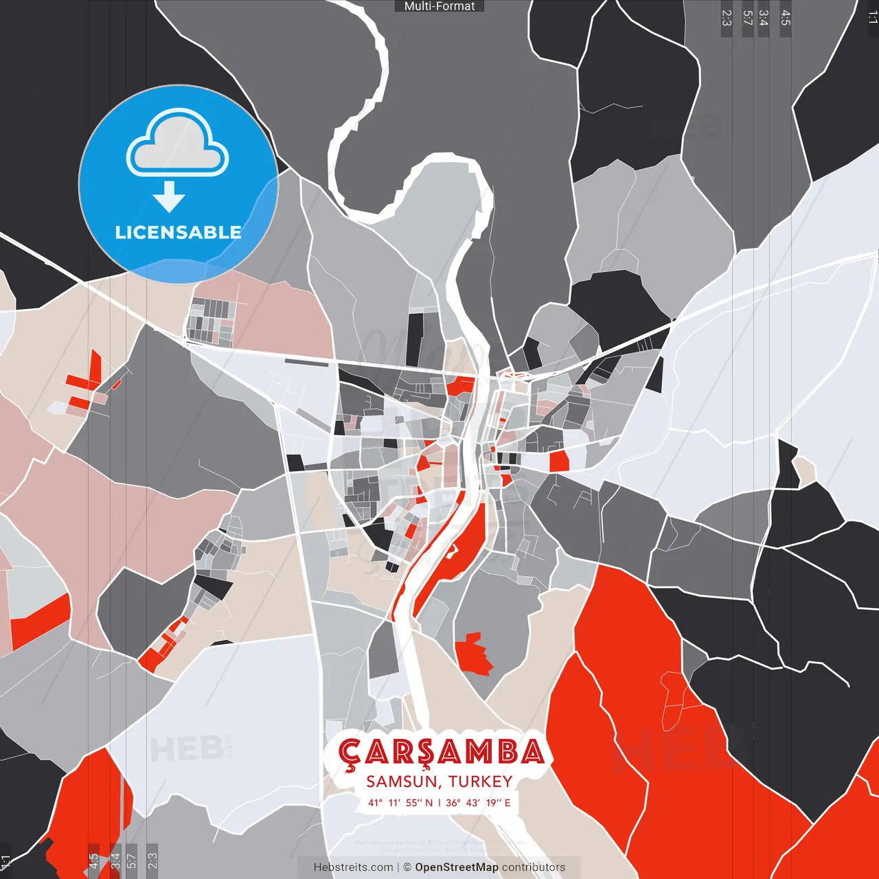 Çarşamba, Samsun, Turkey - modern street map poster template with gray and red tones
