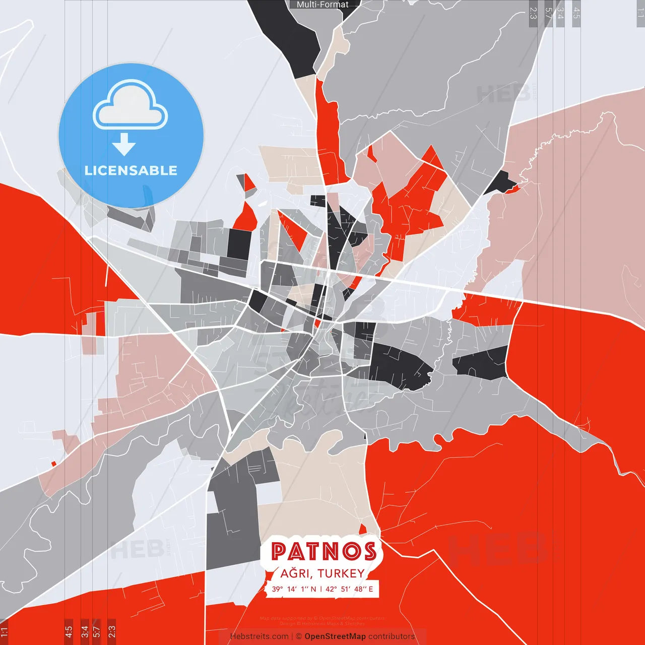 Patnos, Ağrı, Turkey - modern street map poster template with gray and red tones