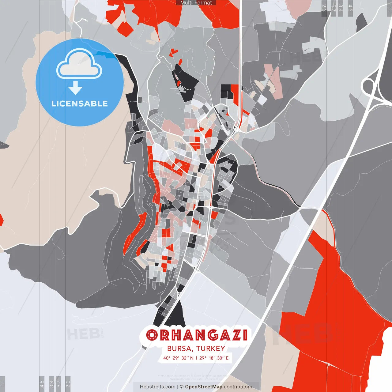Orhangazi, Bursa, Turkey - modern street map poster template with gray and red tones