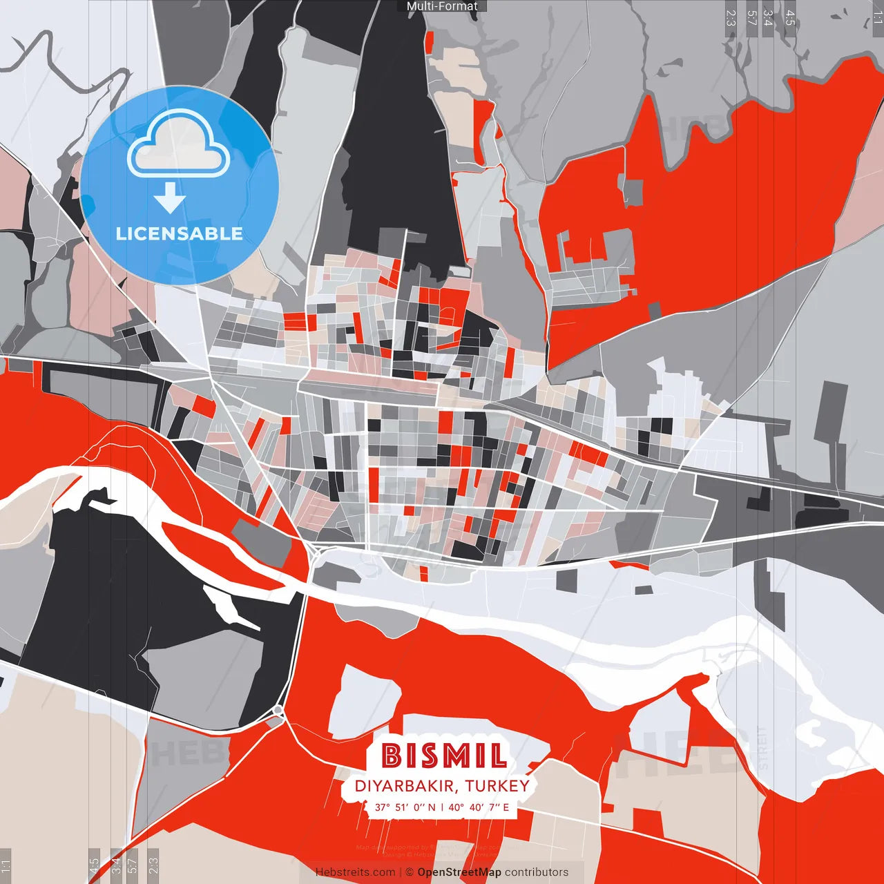 Bismil, Diyarbakır, Turkey - modern street map poster template with gray and red tones