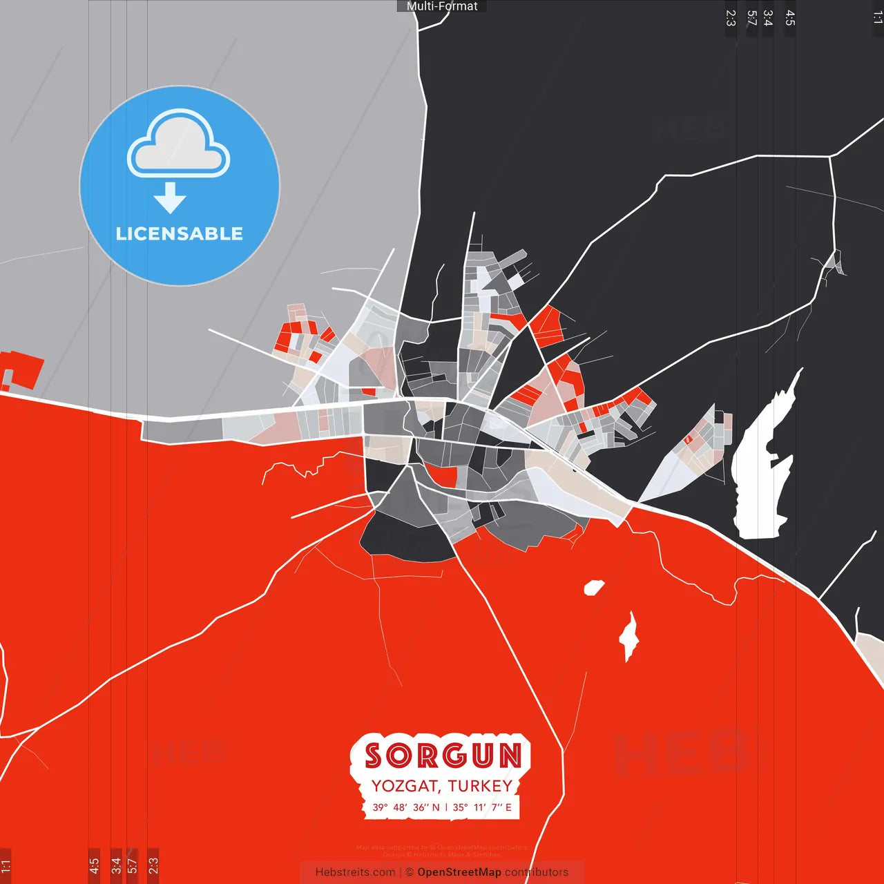 Sorgun, Yozgat, Turkey - modern street map poster template with gray and red tones