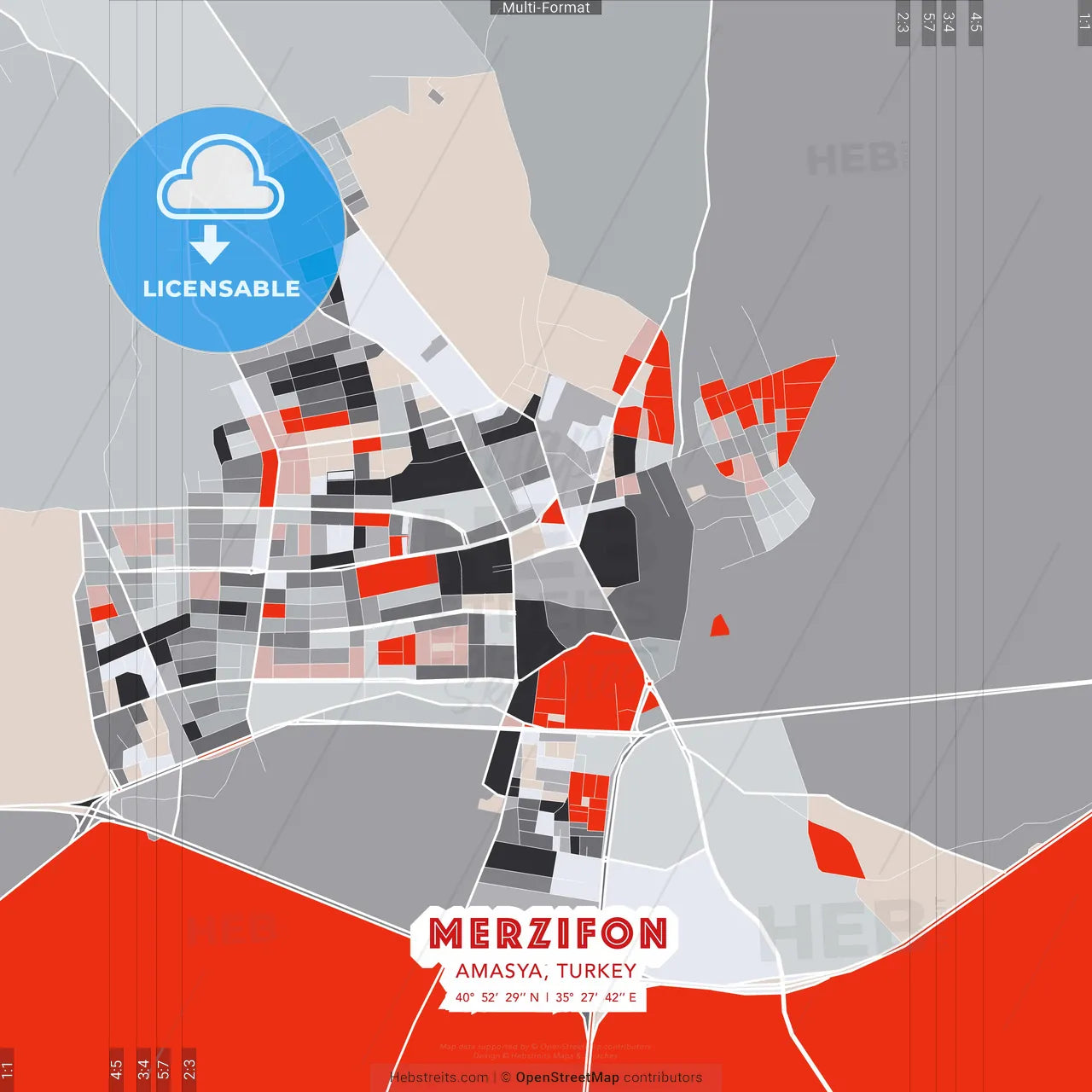 Merzifon, Amasya, Turkey - modern street map poster template with gray and red tones