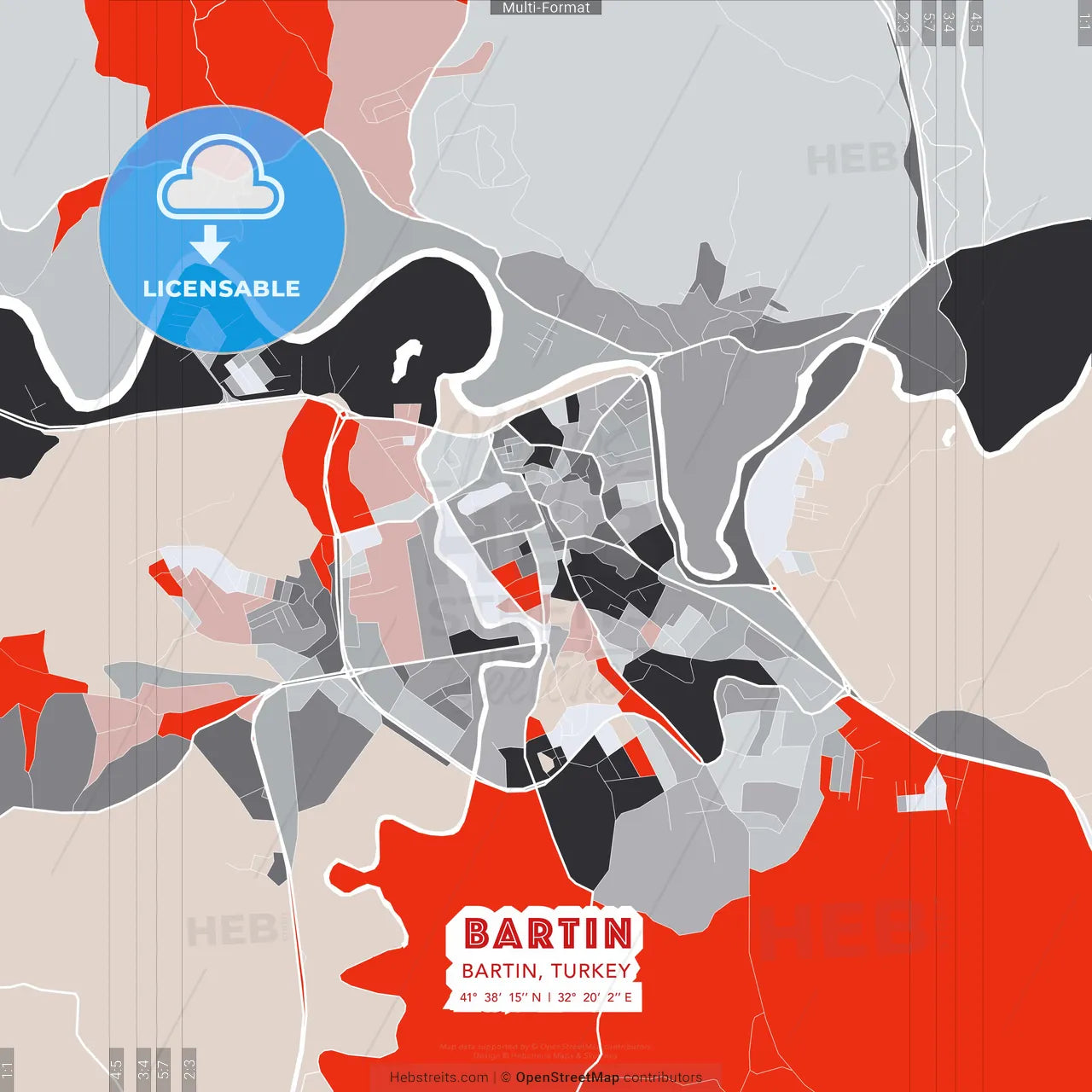 Bartın, Bartın, Turkey - modern street map poster template with gray and red tones