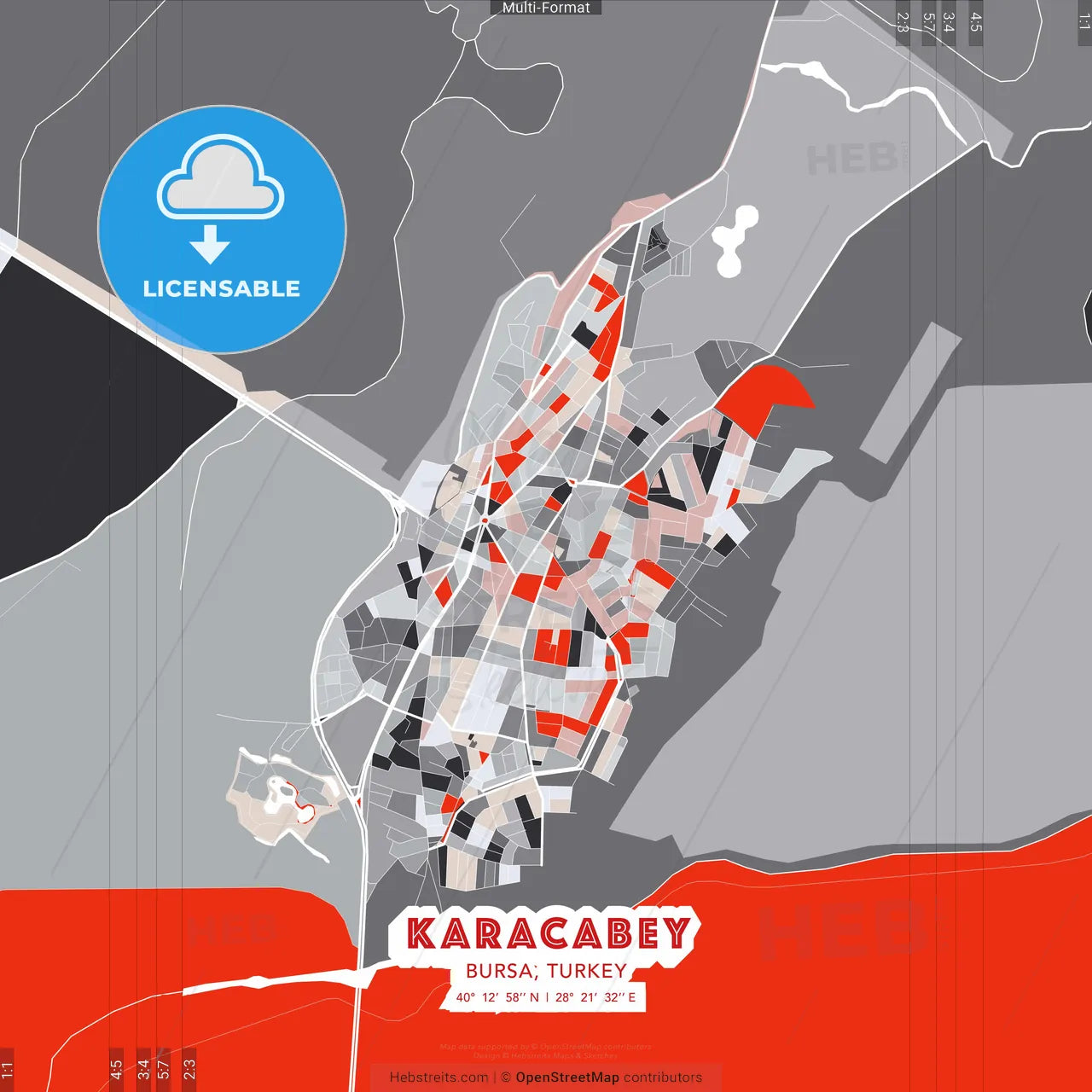 Karacabey, Bursa, Turkey - modern street map poster template with gray and red tones