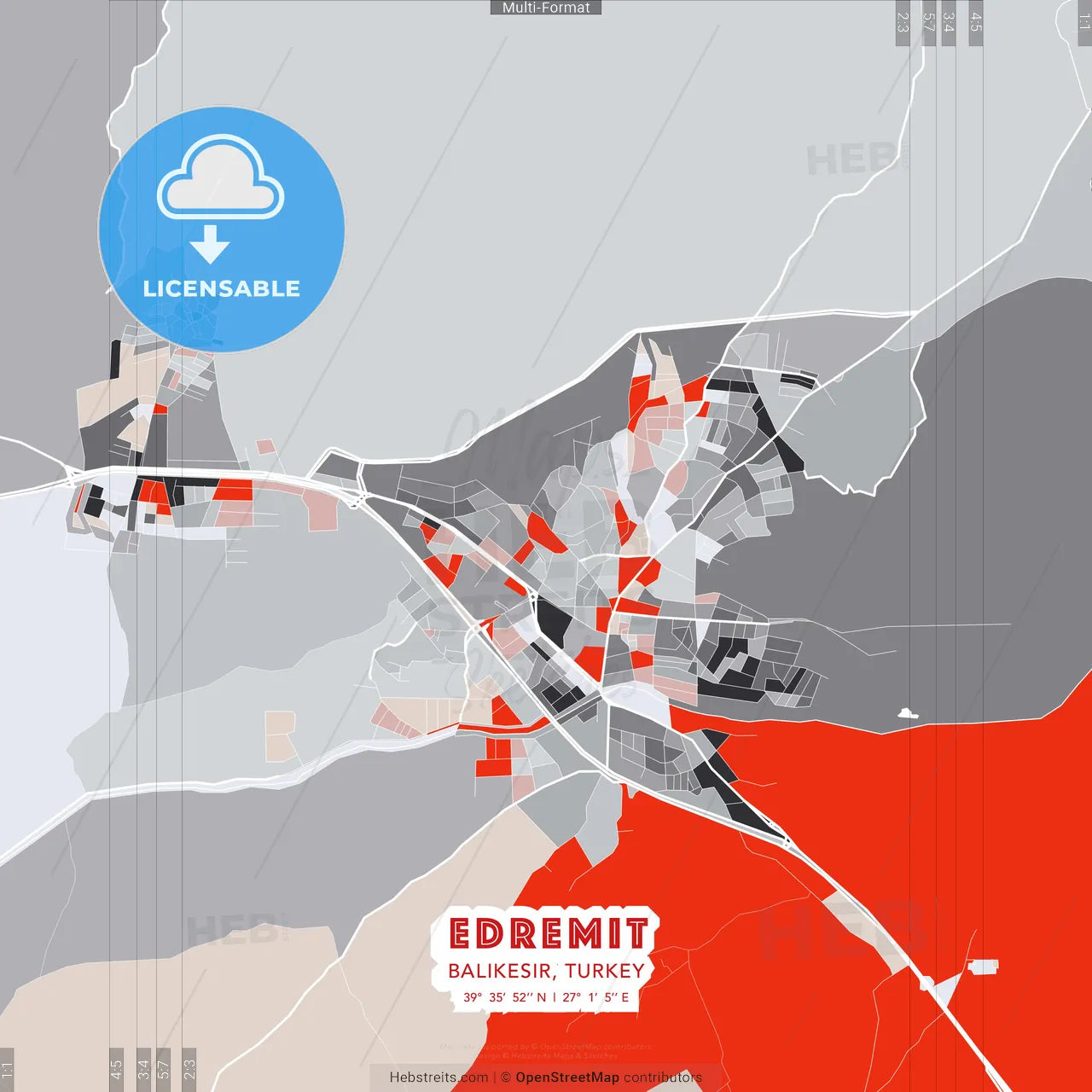 Edremit, Balıkesir, Turkey - modern street map poster template with gray and red tones