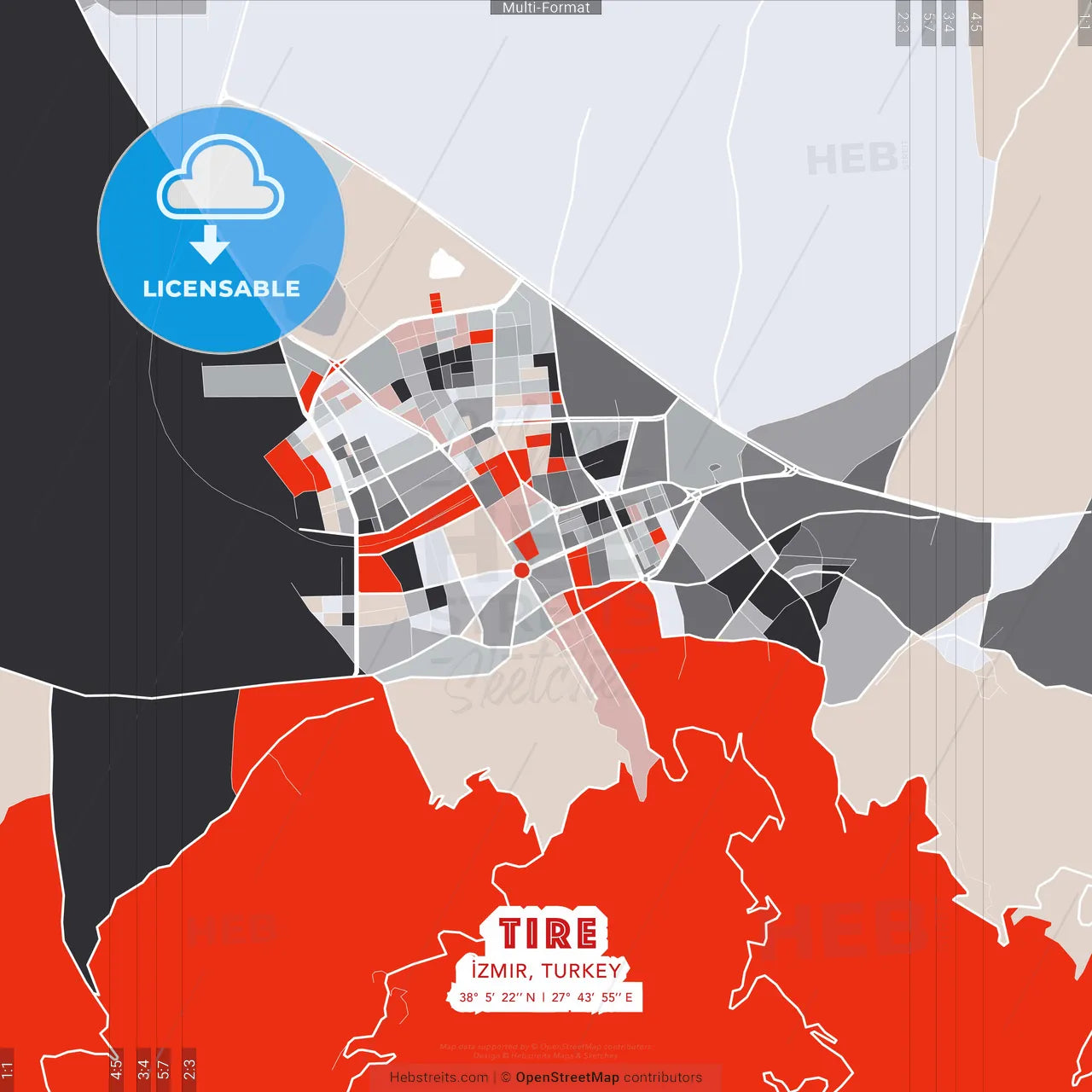 Tire, İzmir, Turkey - modern street map poster template with gray and red tones