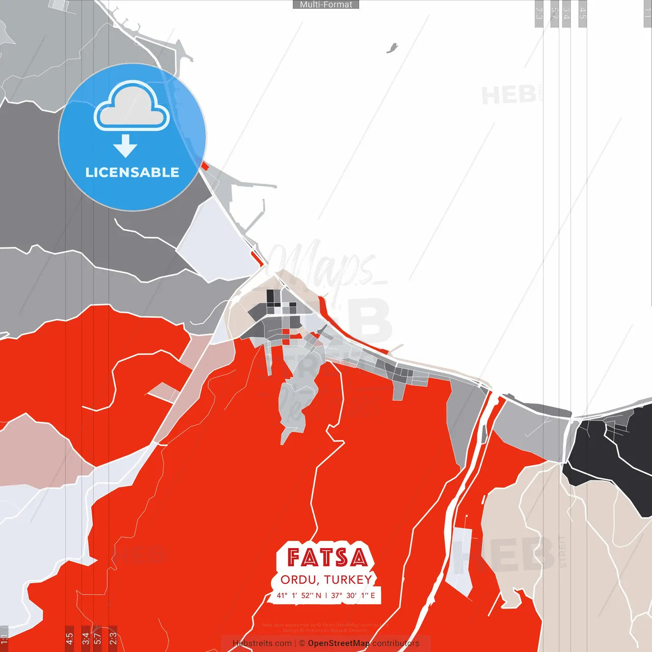 Fatsa, Ordu, Turkey - modern street map poster template with gray and red tones