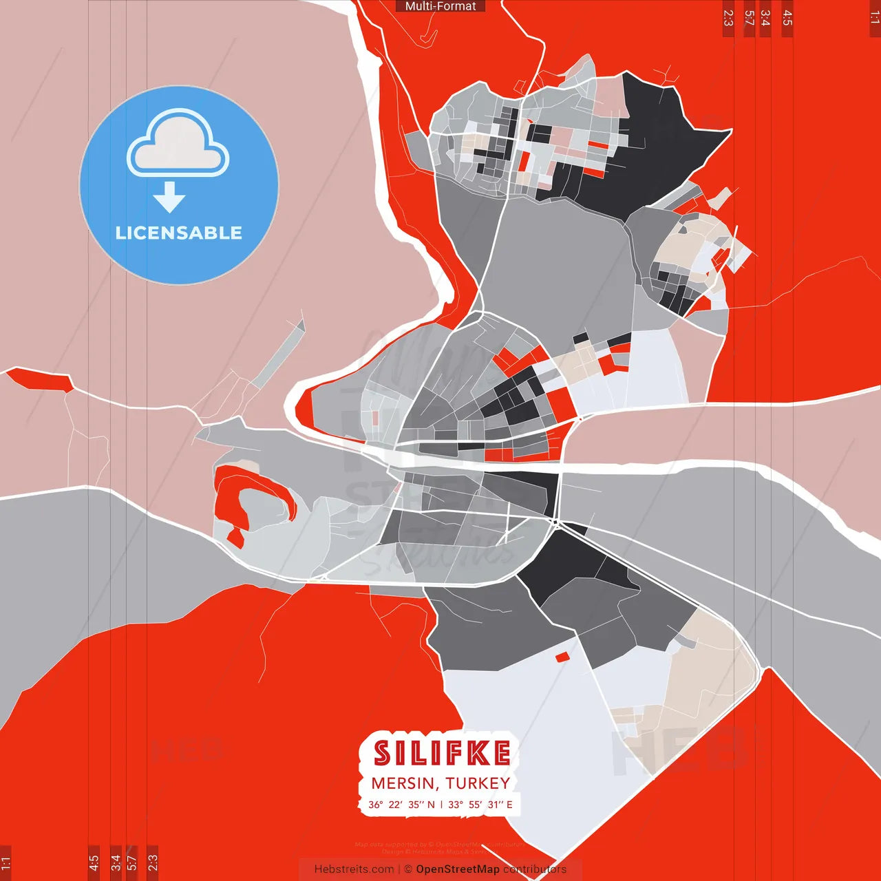 Silifke, Mersin, Turkey - modern street map poster template with gray and red tones