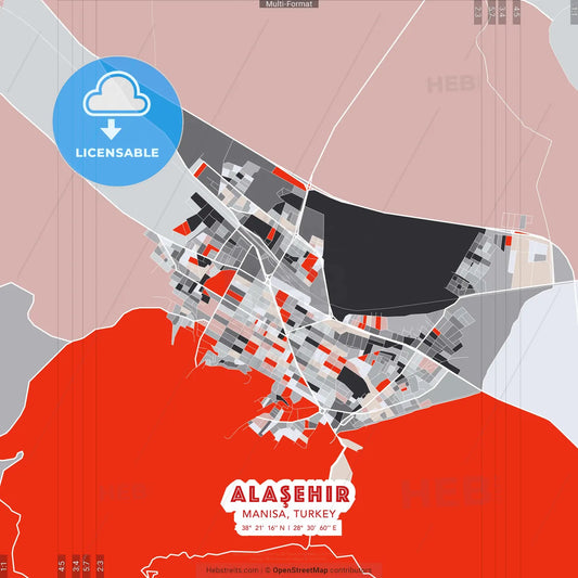 Alaşehir, Manisa, Turkey - modern street map poster template with gray and red tones