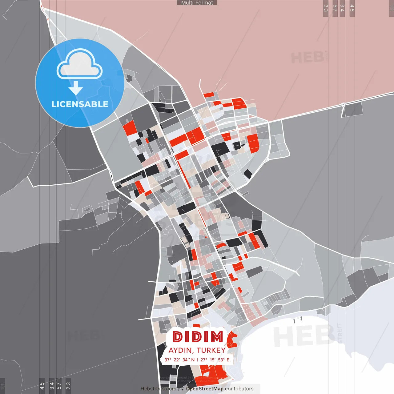 Didim, Aydın, Turkey - modern street map poster template with gray and red tones