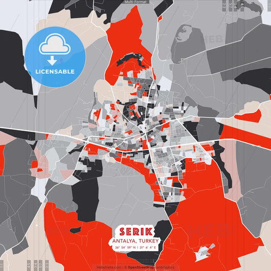 Serik, Antalya, Turkey - modern street map poster template with gray and red tones