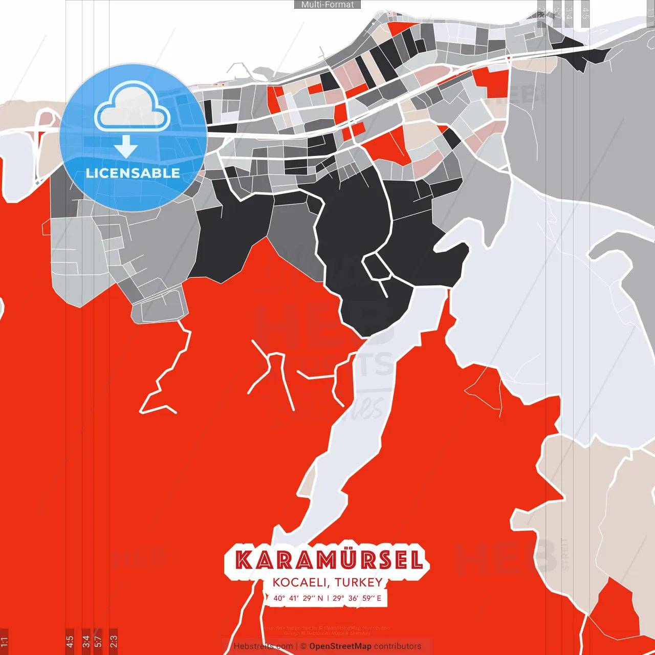 Karamürsel, Kocaeli, Turkey - modern street map poster template with gray and red tones