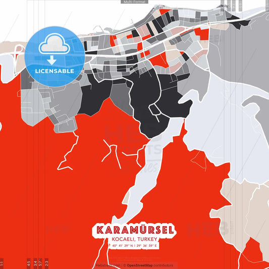 Karamürsel, Kocaeli, Turkey - modern street map poster template with gray and red tones