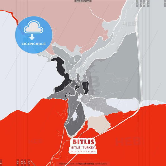 Bitlis, Bitlis, Turkey - modern street map poster template with gray and red tones