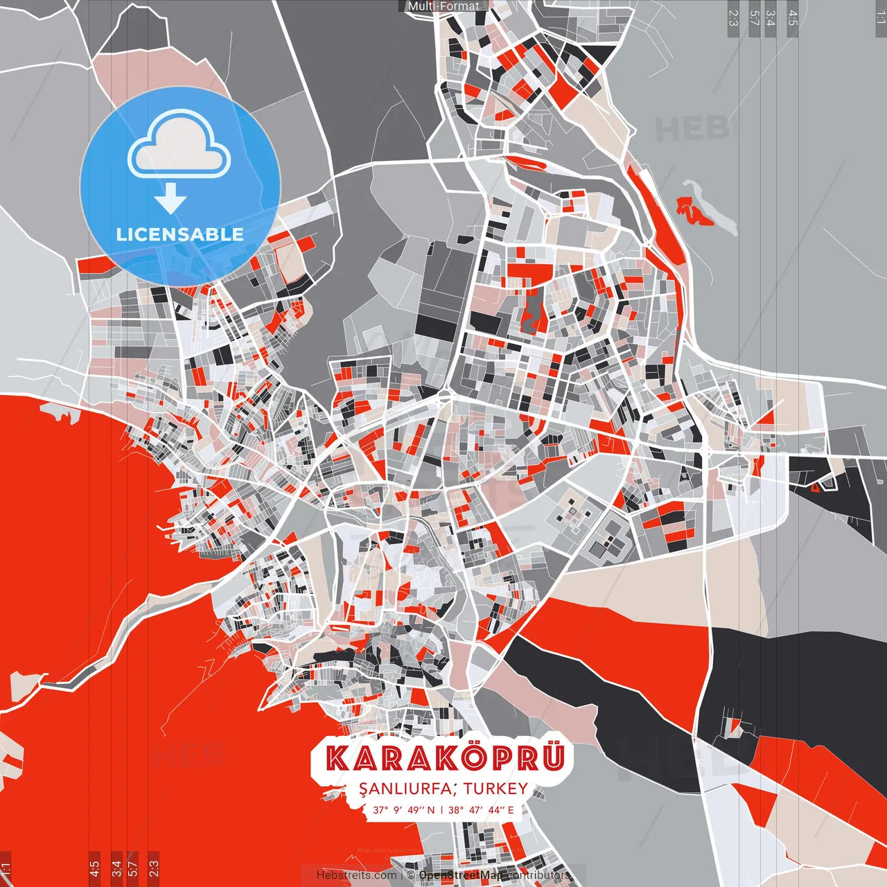 Karaköprü, Şanlıurfa, Turkey - modern street map poster template with gray and red tones
