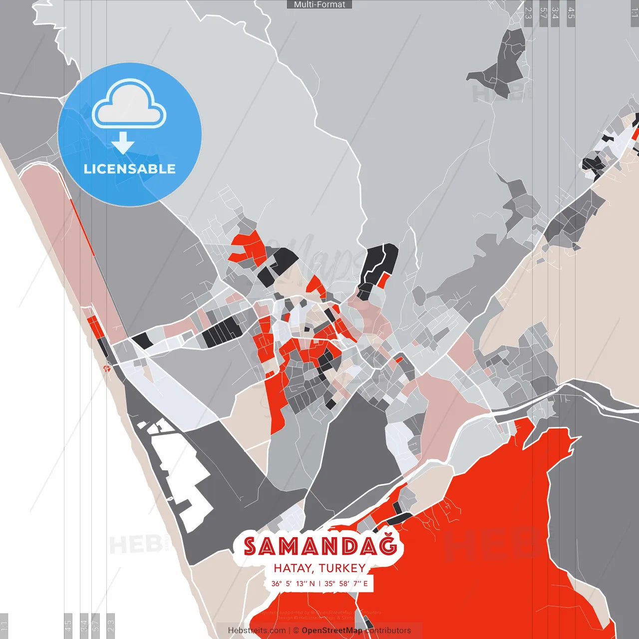 Samandağ, Hatay, Turkey - modern street map poster template with gray and red tones