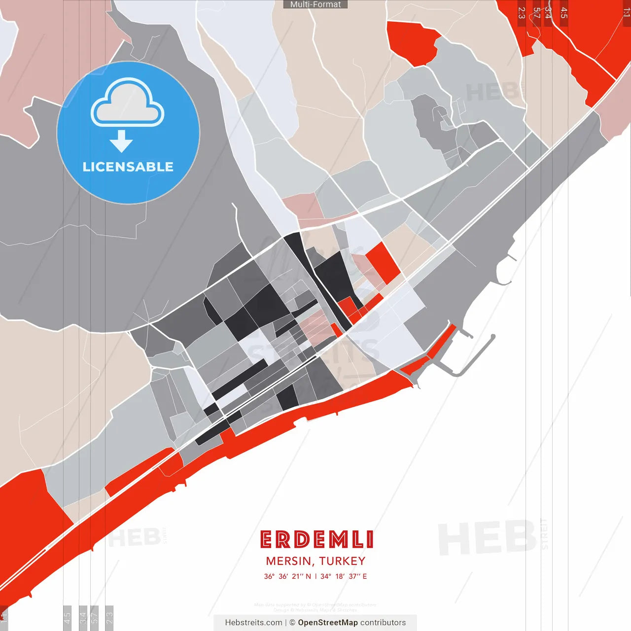 Erdemli, Mersin, Turkey - modern street map poster template with gray and red tones