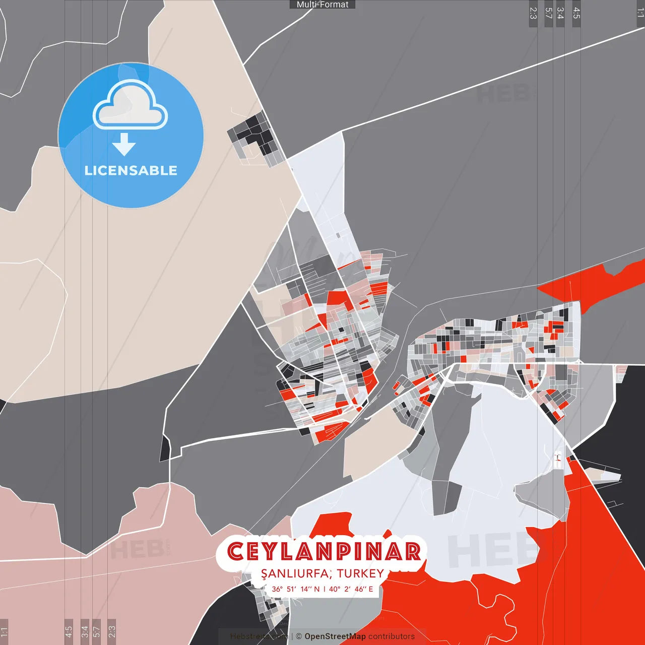 Ceylanpınar, Şanlıurfa, Turkey - modern street map poster template with gray and red tones