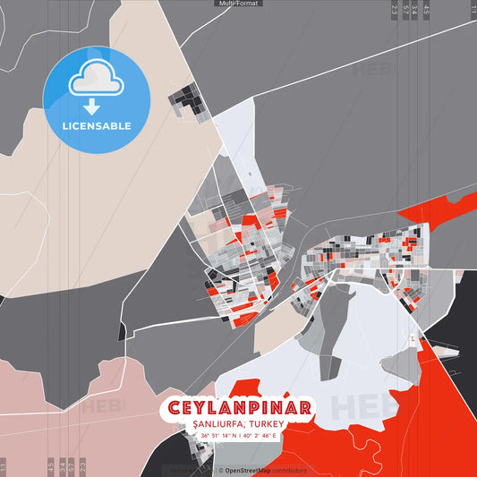 Ceylanpınar, Şanlıurfa, Turkey - modern street map poster template with gray and red tones