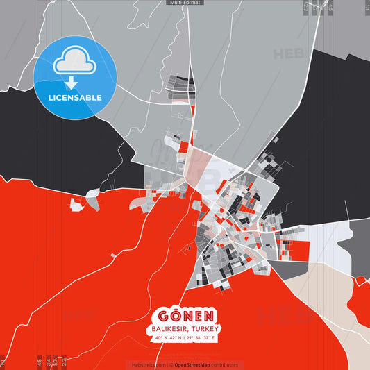 Gönen, Balıkesir, Turkey - modern street map poster template with gray and red tones