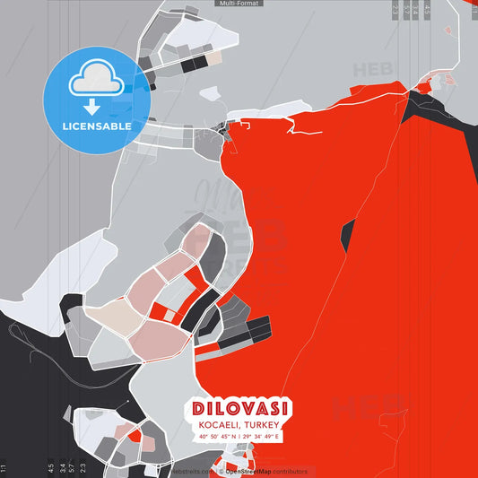 Dilovası, Kocaeli, Turkey - modern street map poster template with gray and red tones