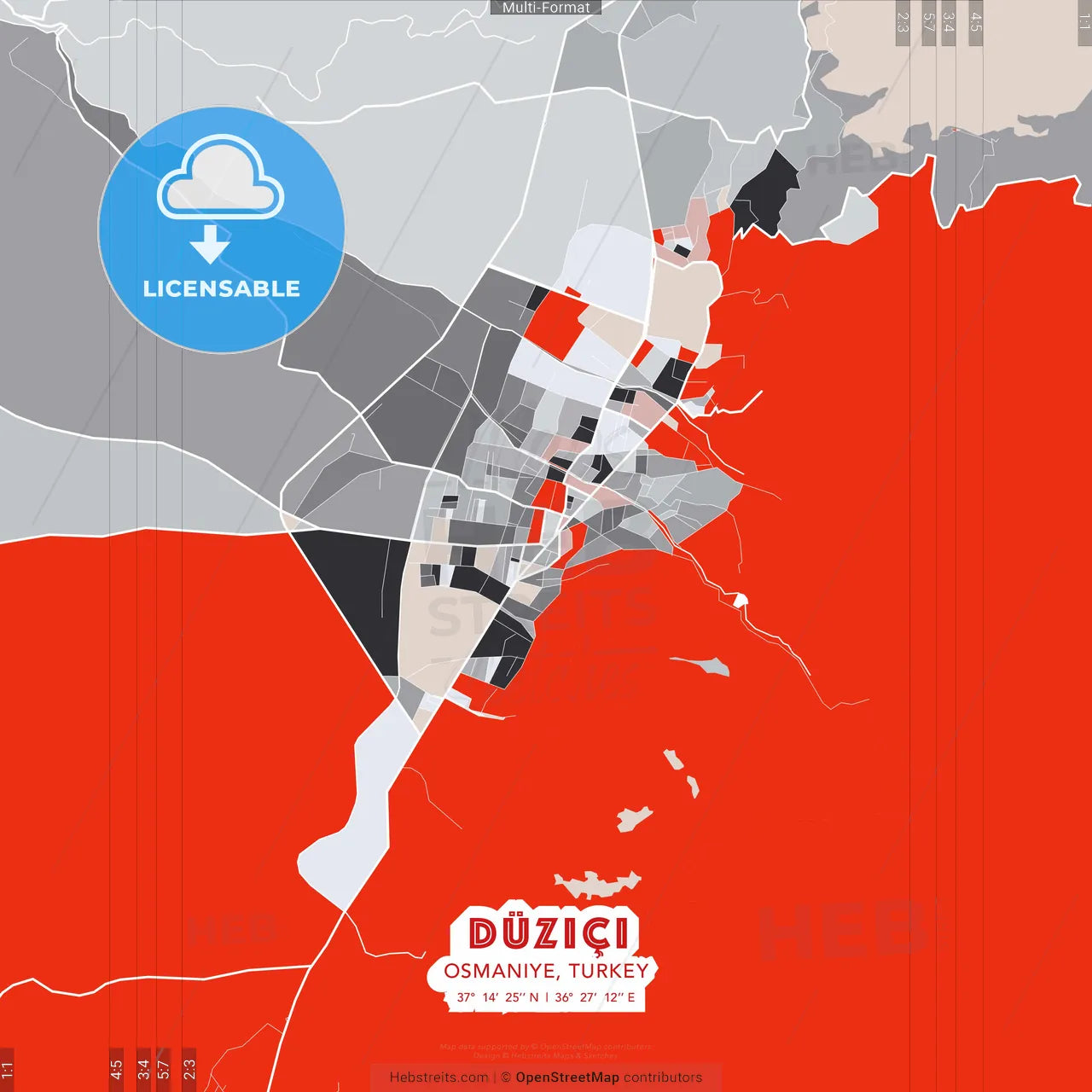 Düziçi, Osmaniye, Turkey - modern street map poster template with gray and red tones