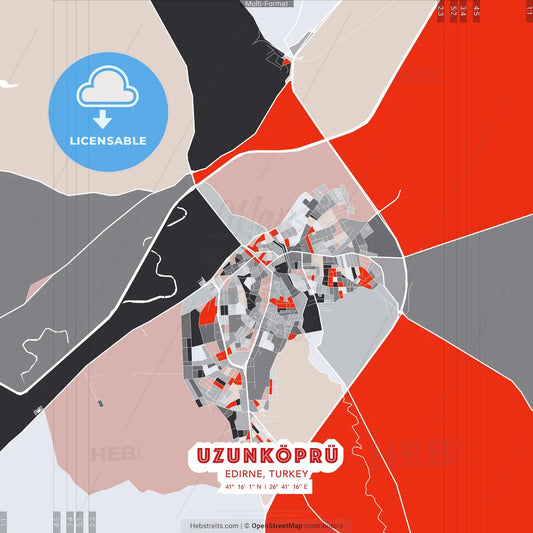 Uzunköprü, Edirne, Turkey - modern street map poster template with gray and red tones