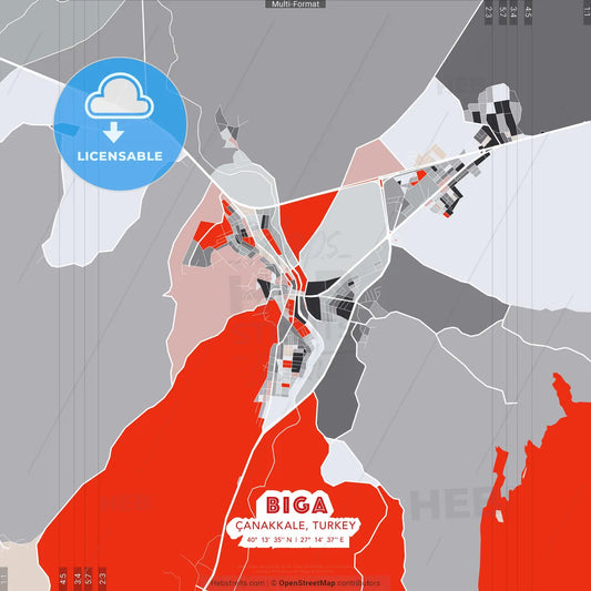 Biga, Çanakkale, Turkey - modern street map poster template with gray and red tones