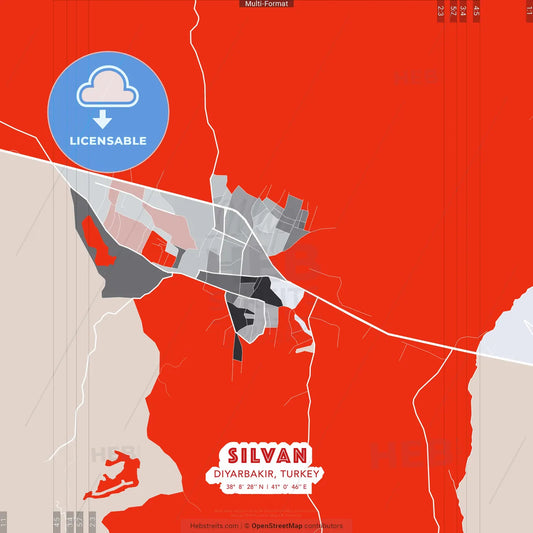 Silvan, Diyarbakır, Turkey - modern street map poster template with gray and red tones