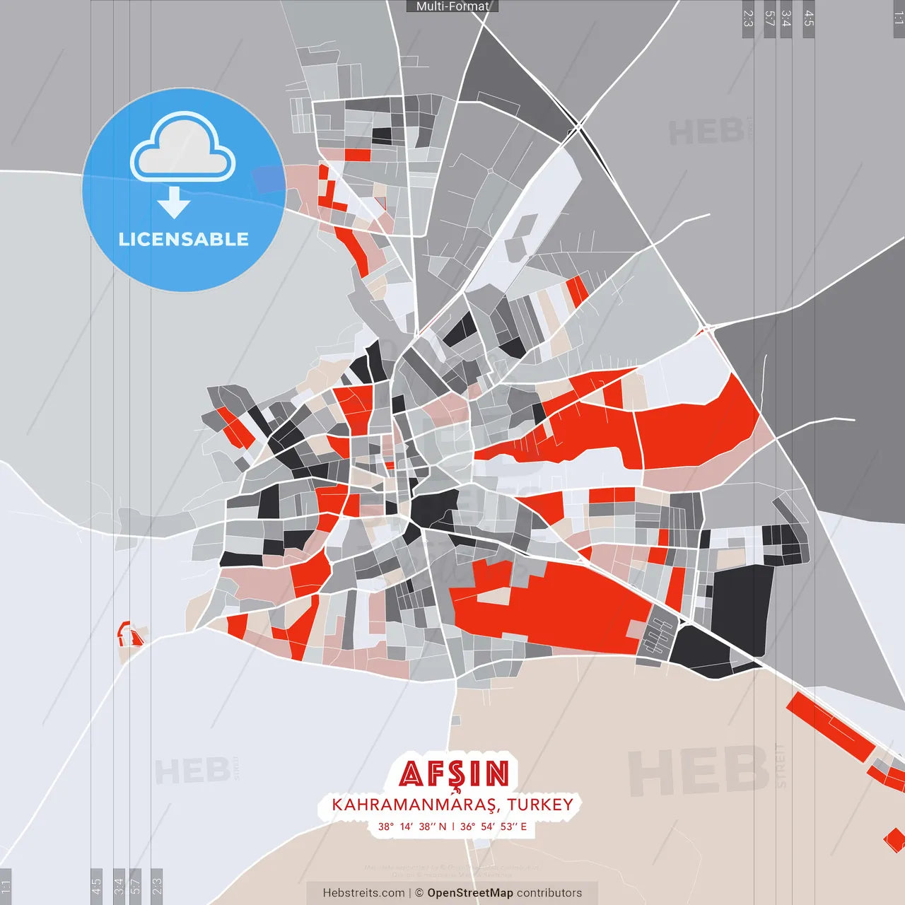 Afşin, Kahramanmaraş, Turkey - modern street map poster template with gray and red tones