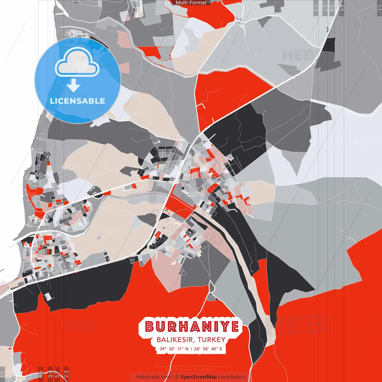 Burhaniye, Balıkesir, Turkey - modern street map poster template with gray and red tones