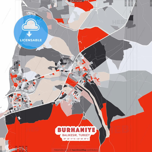 Burhaniye, Balıkesir, Turkey - modern street map poster template with gray and red tones