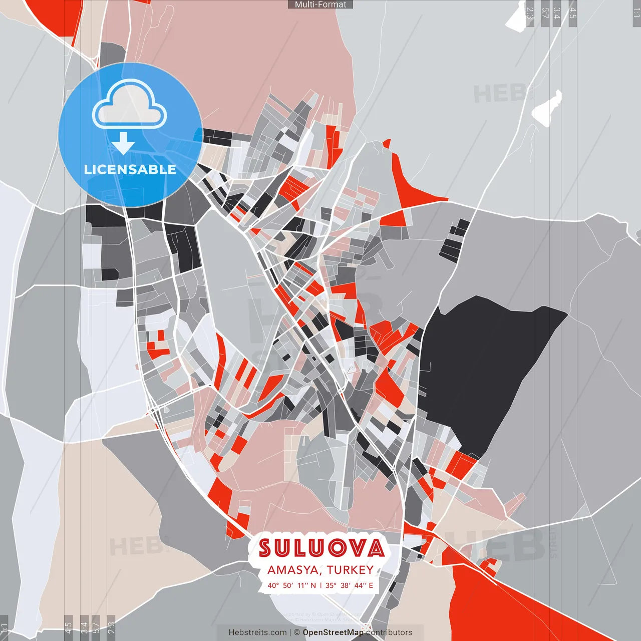 Suluova, Amasya, Turkey - modern street map poster template with gray and red tones