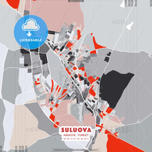 Suluova, Amasya, Turkey - modern street map poster template with gray and red tones