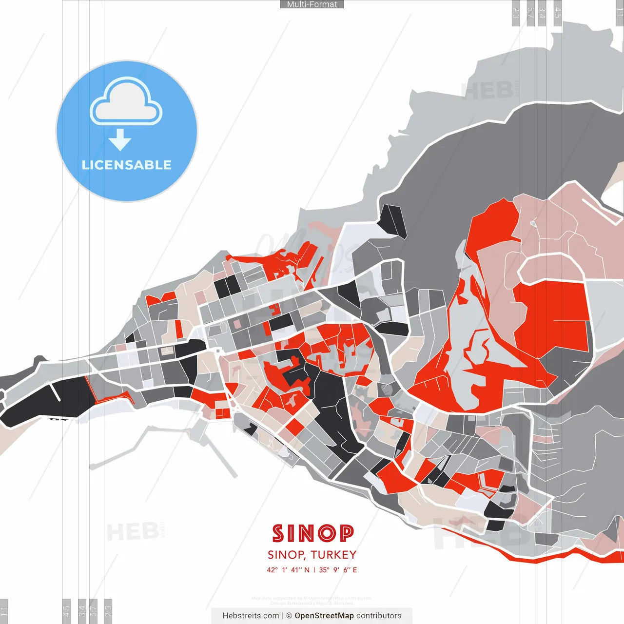 Sinop, Sinop, Turkey - modern street map poster template with gray and red tones