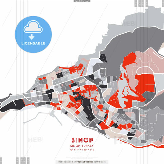 Sinop, Sinop, Turkey - modern street map poster template with gray and red tones