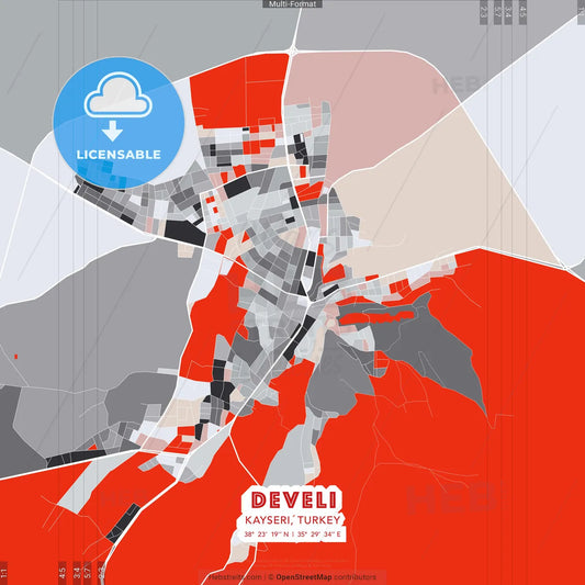 Develi, Kayseri, Turkey - modern street map poster template with gray and red tones