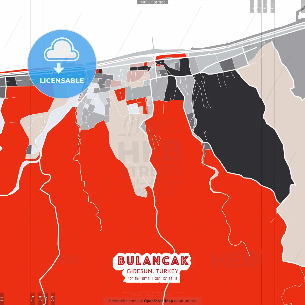 Bulancak, Giresun, Turkey - modern street map poster template with gray and red tones