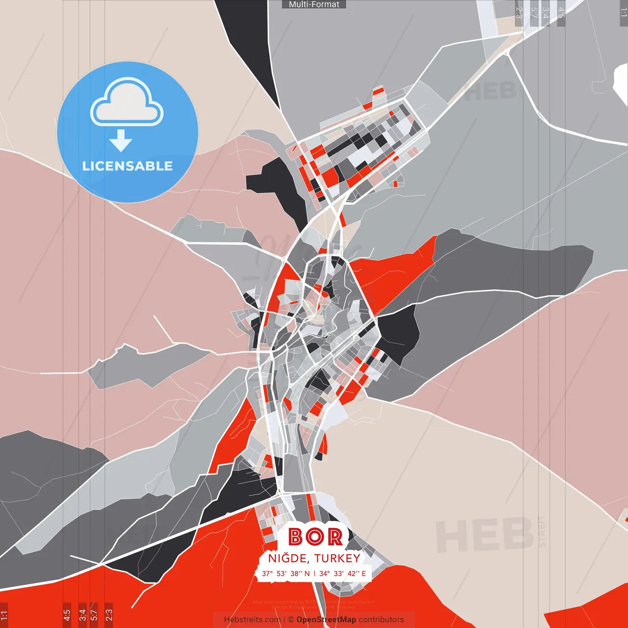 Bor, Niğde, Turkey - modern street map poster template with gray and red tones