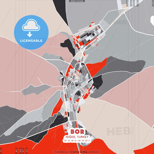 Bor, Niğde, Turkey - modern street map poster template with gray and red tones
