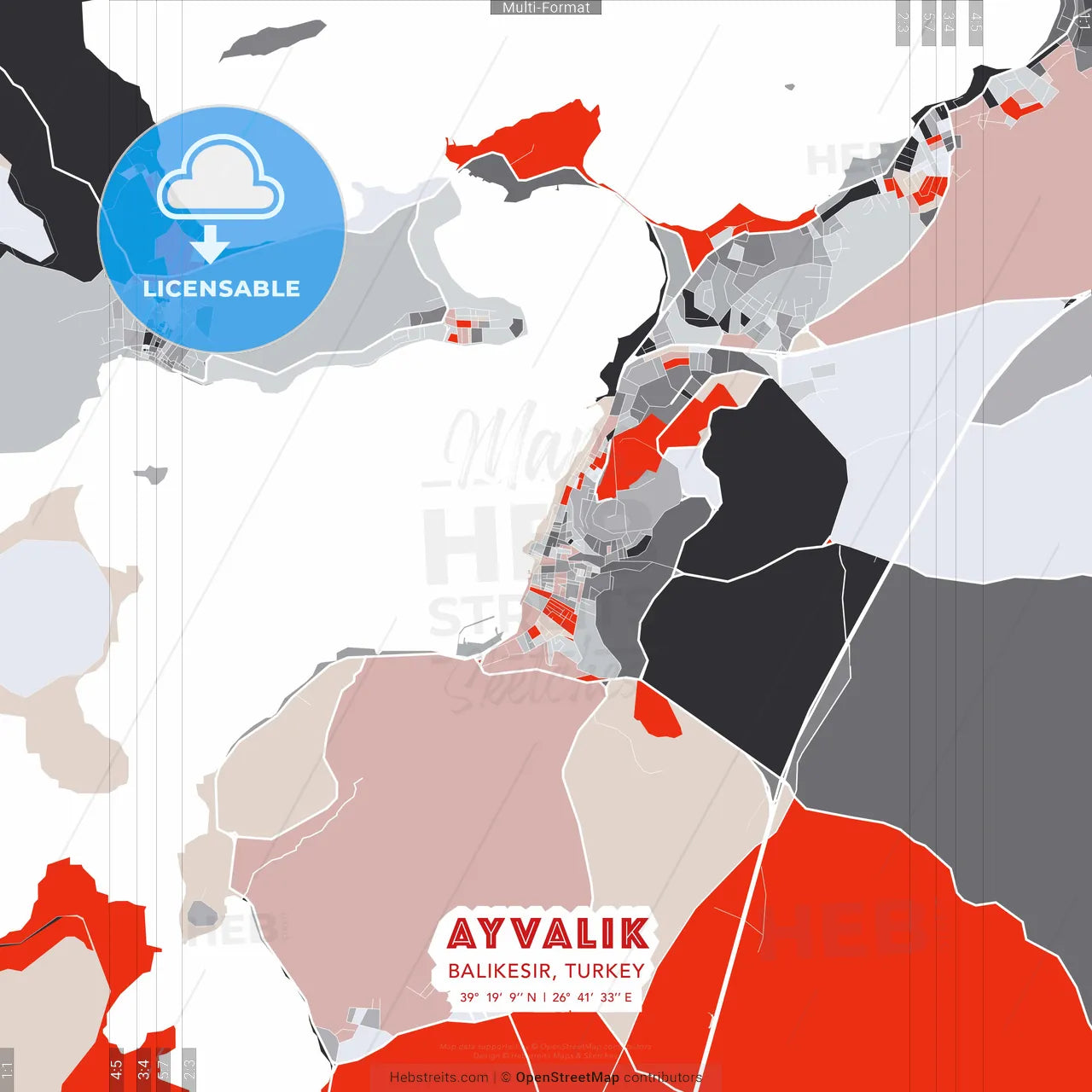 Ayvalık, Balıkesir, Turkey - modern street map poster template with gray and red tones