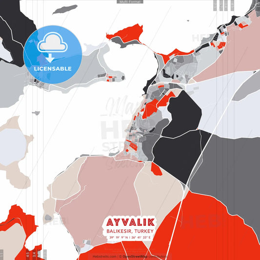 Ayvalık, Balıkesir, Turkey - modern street map poster template with gray and red tones