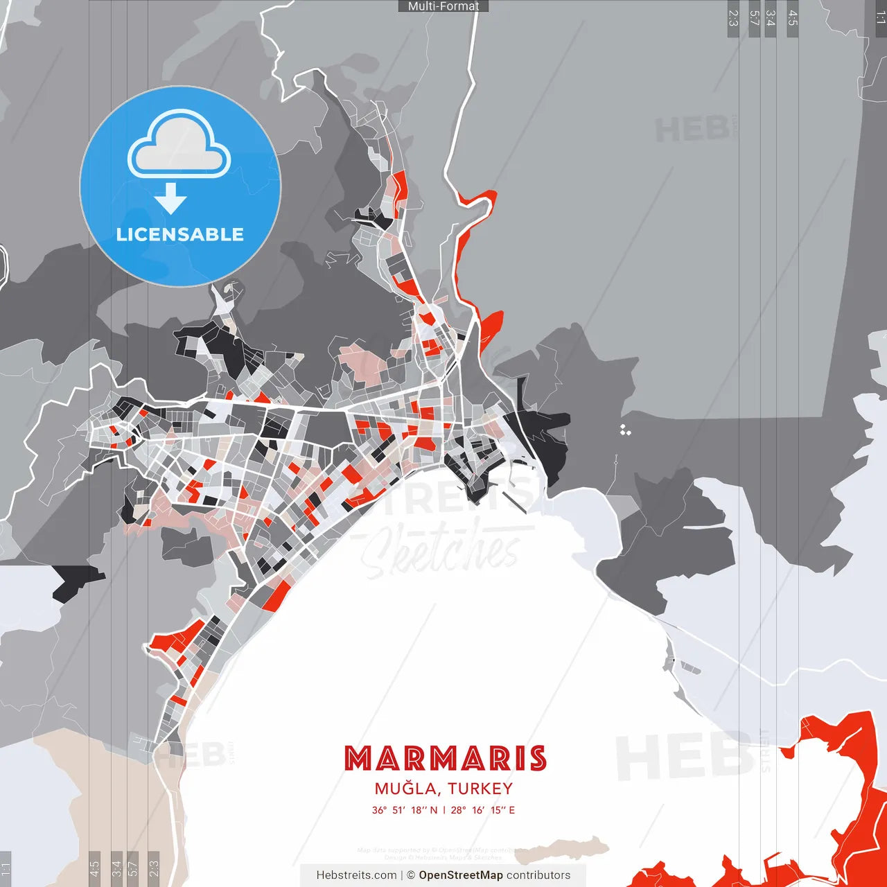 Marmaris, Muğla, Turkey - modern street map poster template with gray and red tones