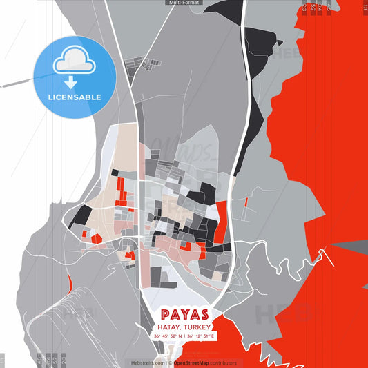 Payas, Hatay, Turkey - modern street map poster template with gray and red tones